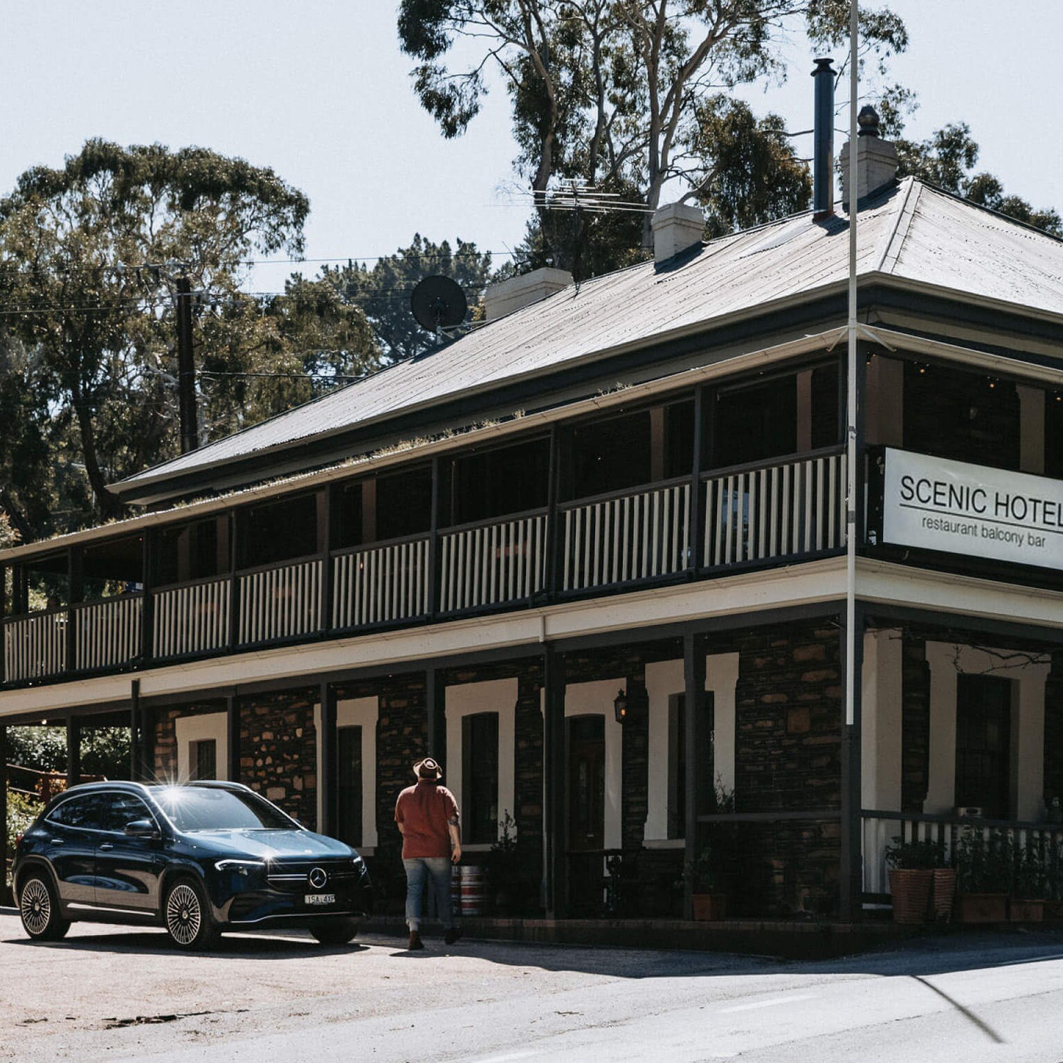 The all-electric EQA parked outside The Scenic Hotel in the Adelaide Hills.