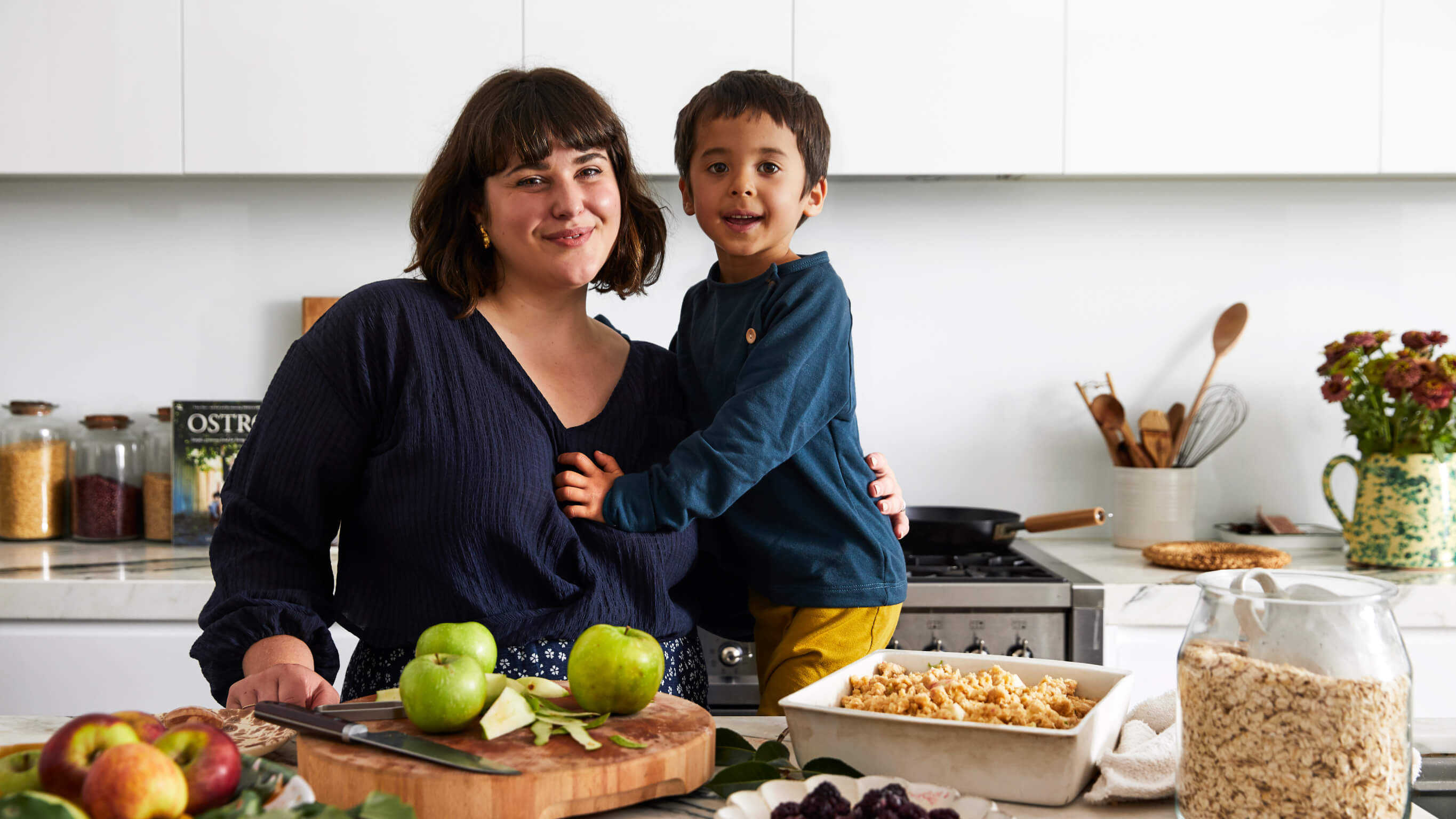 Julia Busuttil Nishimura Julia Busuttil Nishimura and her son Haruki in their kitchen with apple crumble ingredients in front of them