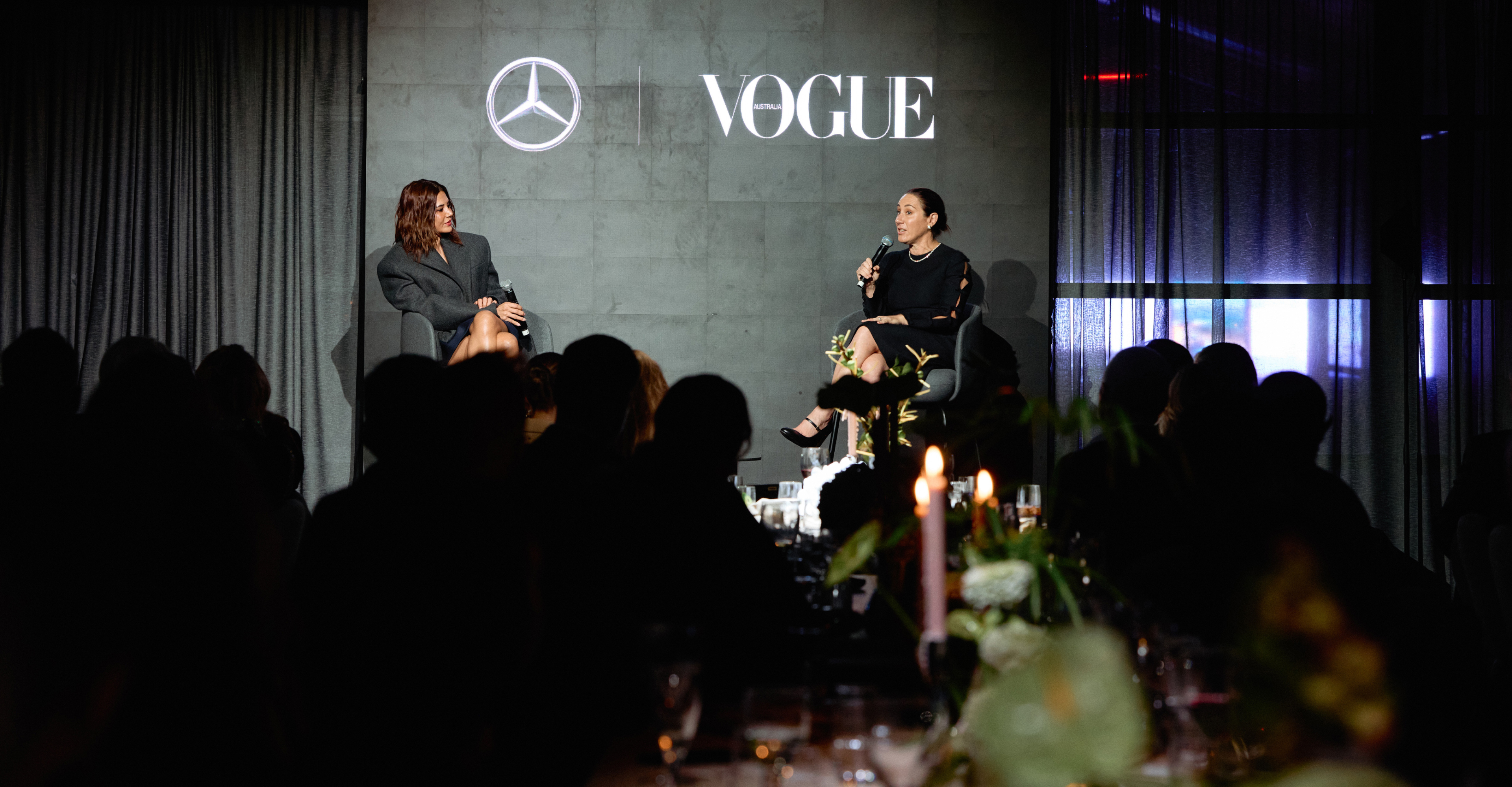 Christine Centenera and Edwina McCann Christine Centenera and Edwina McCann speaking on-stage at the Mercedes-AMG Lounge. Image credit/photographer: Dan Castano
