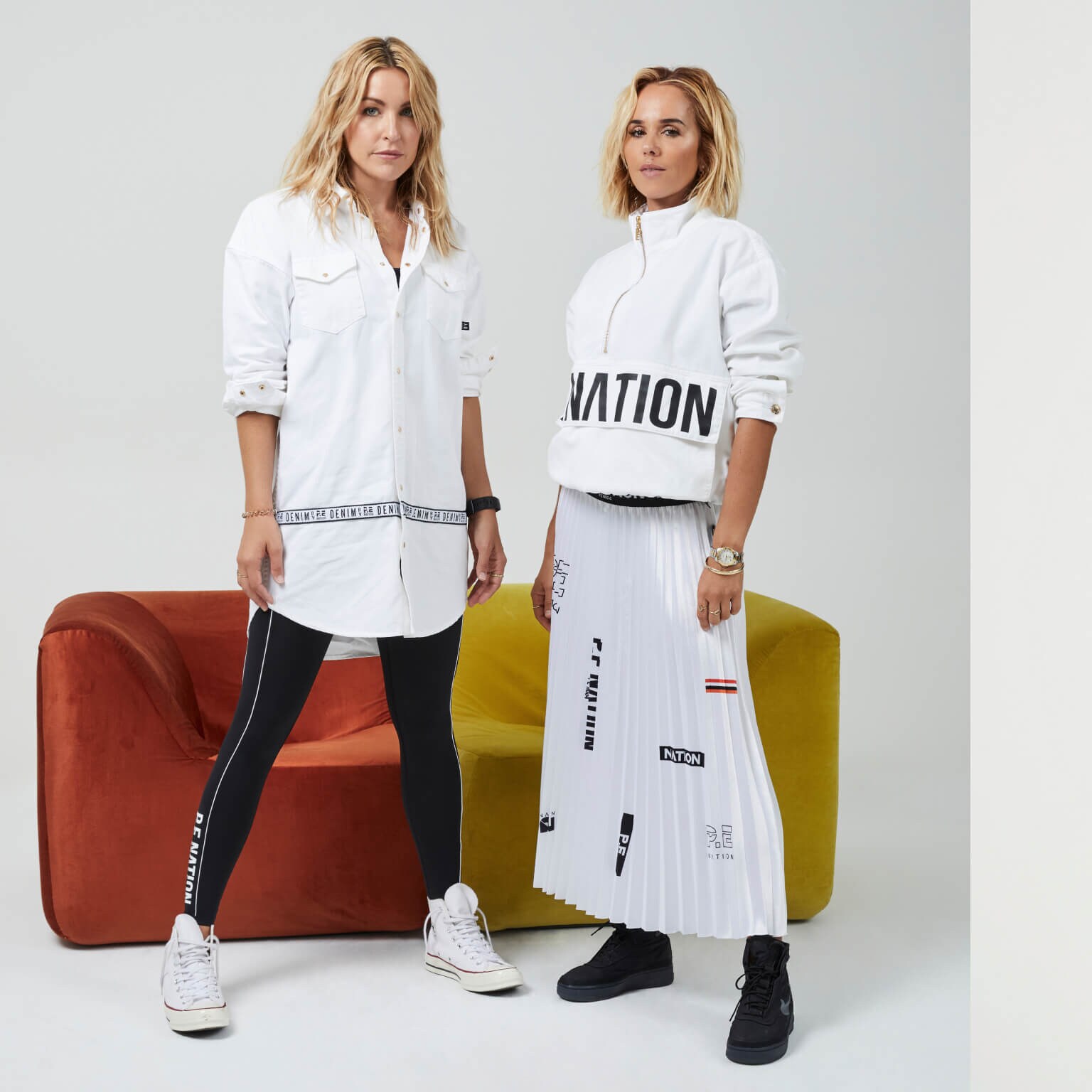 (L) Two women posing in front of a rust and mustard coloured sofa. (R) A woman posing in P.E Nation activewear.