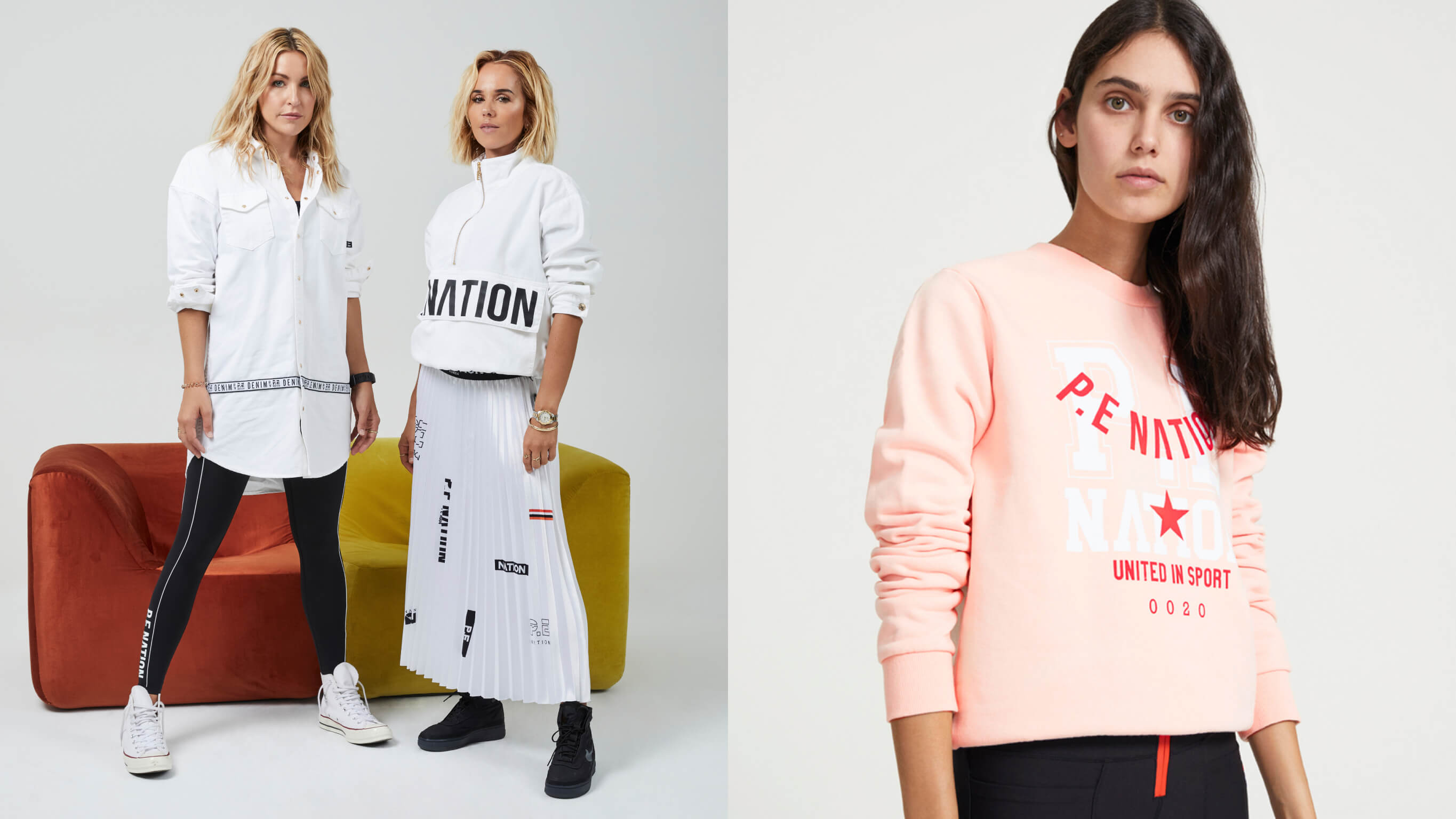 (L) Claire Tregoning and Pip Edwards. (R) P.E Nation Short Corner Sweat (L) Two women posing in front of a rust and mustard coloured sofa. (R) A woman posing in P.E Nation activewear.