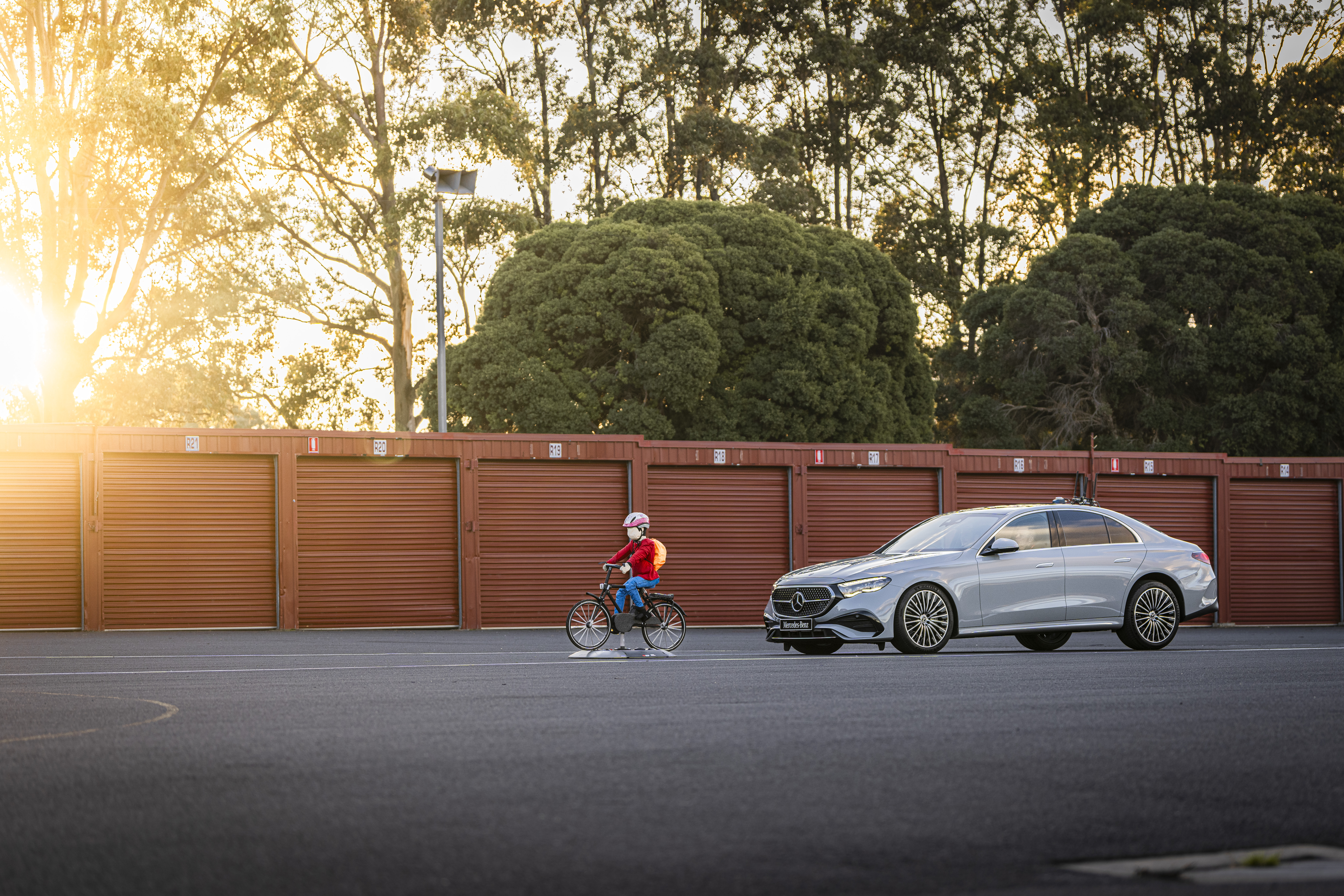 A crash-test dummy in front of a Mercedes-Benz E-Class Sedan. Image credit/photographer: Matthias Kaiser A crash-test dummy in front of a Mercedes-Benz E-Class Sedan. Image credit/photographer: Matthias Kaiser