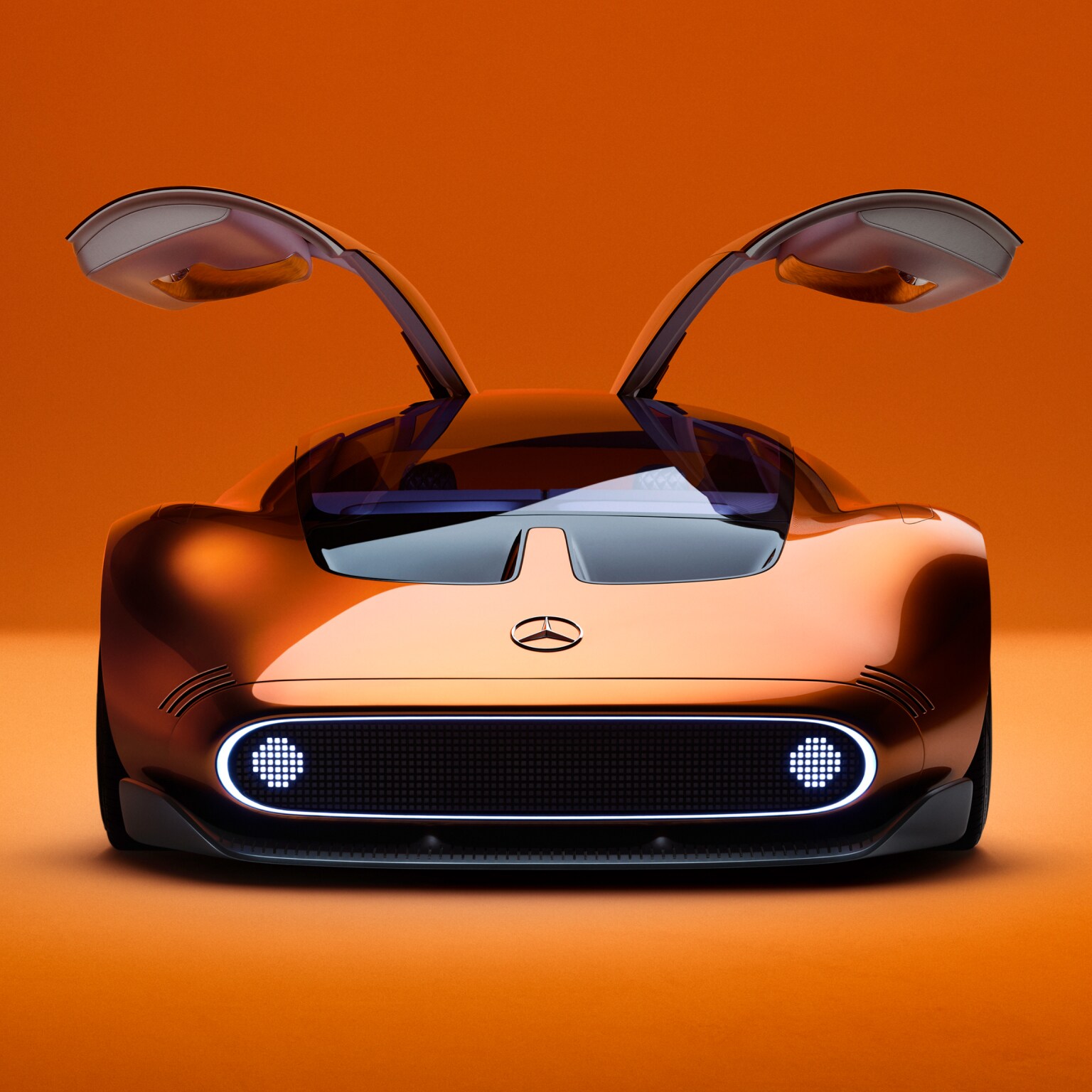 The Mercedes-Benz Vision One-Eleven concept car with its signature gullwing doors open.