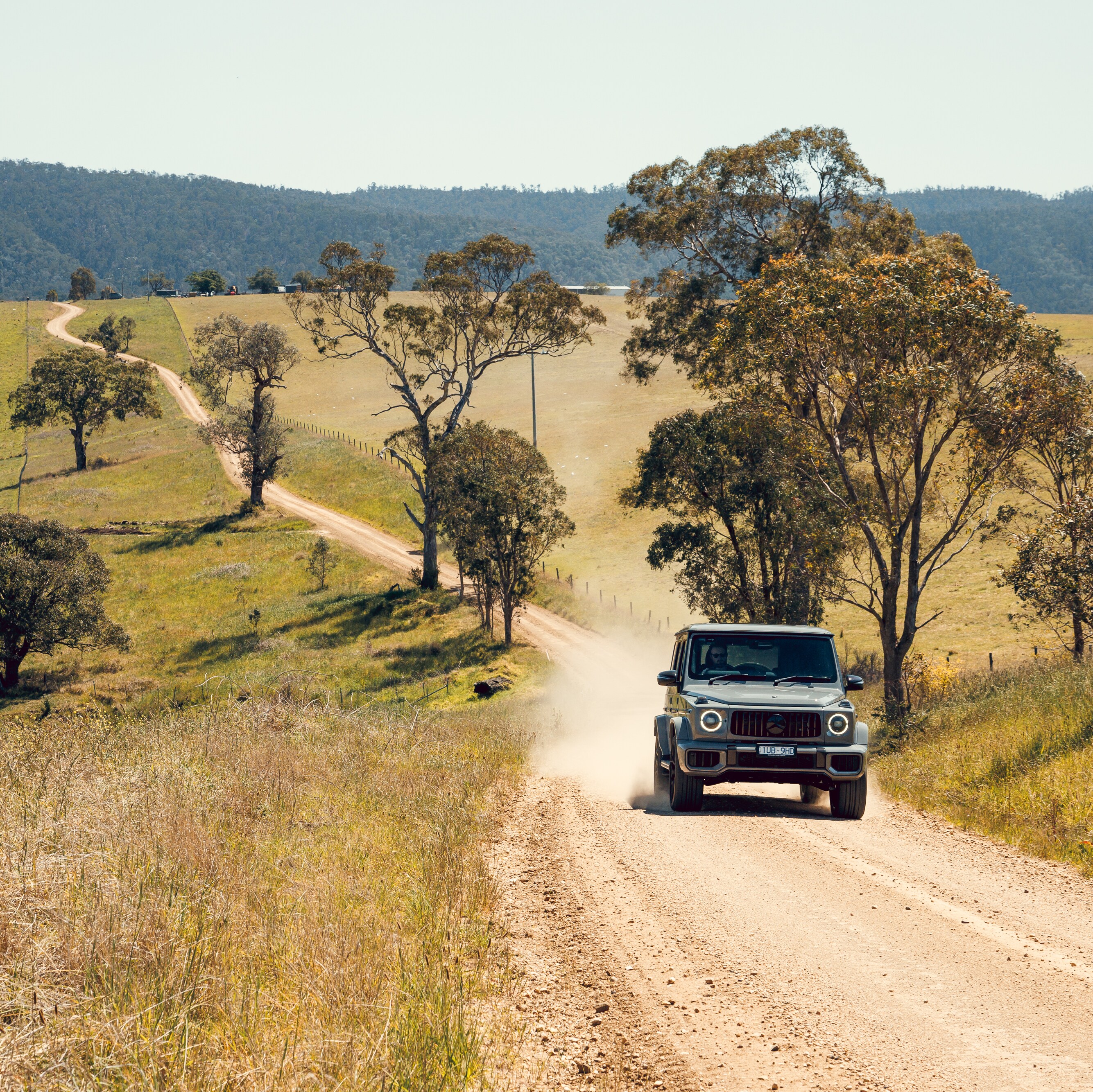 Mercedes-AMG G 63 driving on a dirt road. Image credit/photographer: Nathan Jacobs