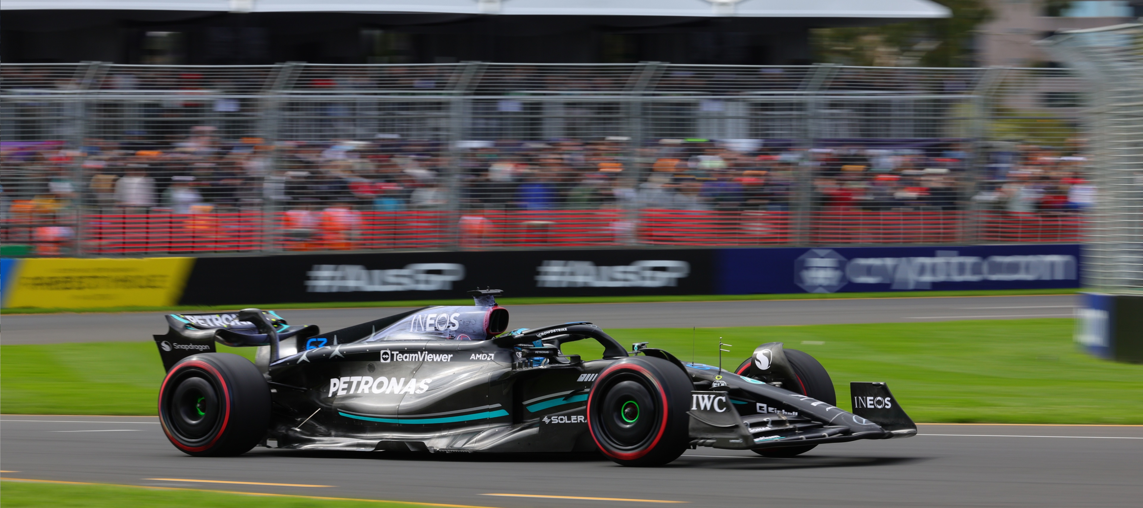 Formula 1 Australian Grand Prix 2023. George Russell leading the race at the Formula 1 Australian Grand Prix 2023.