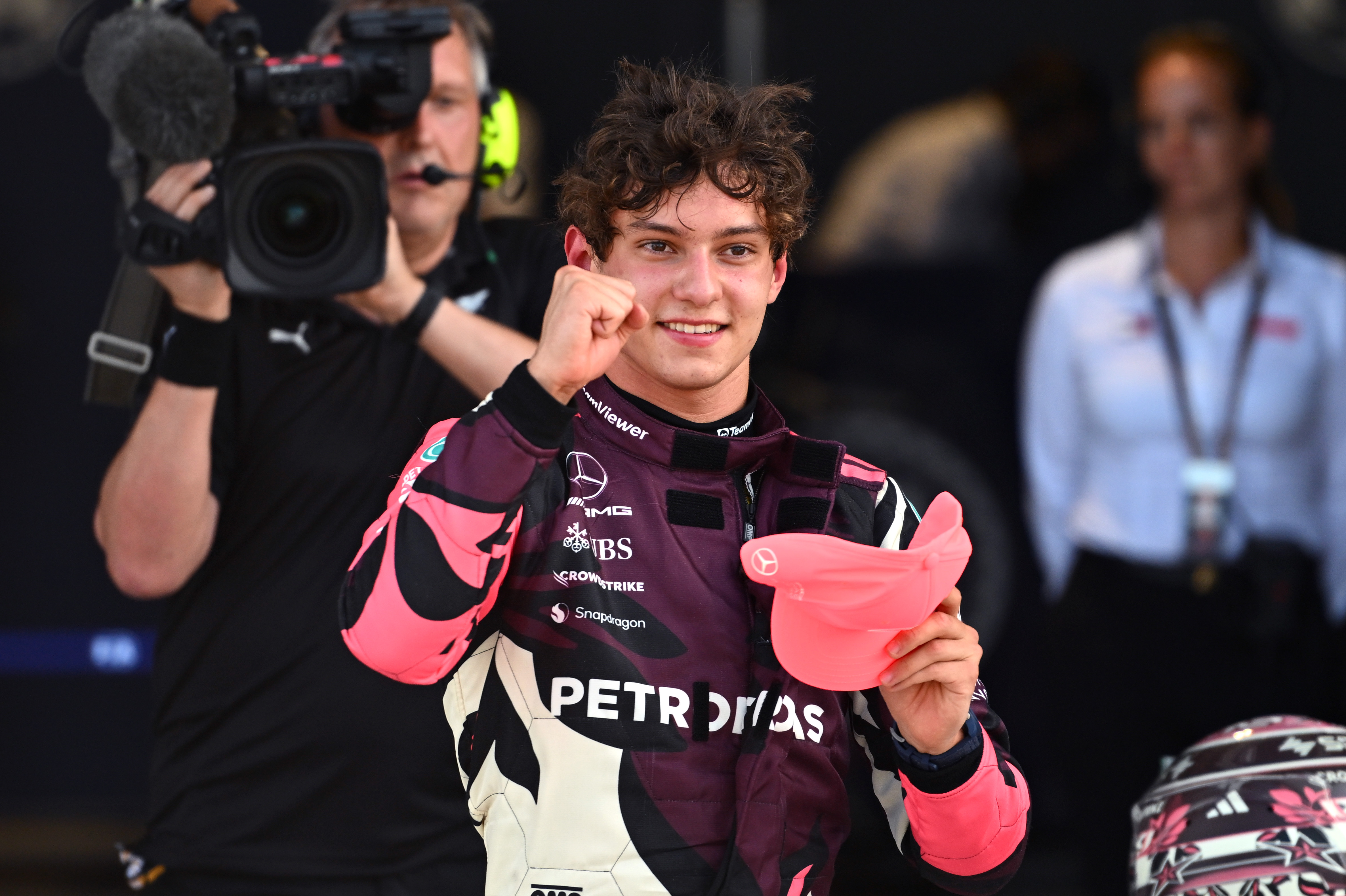 Andrea Kimi Antonelli Andrea Kimi Antonelli smiling with his fist in the air