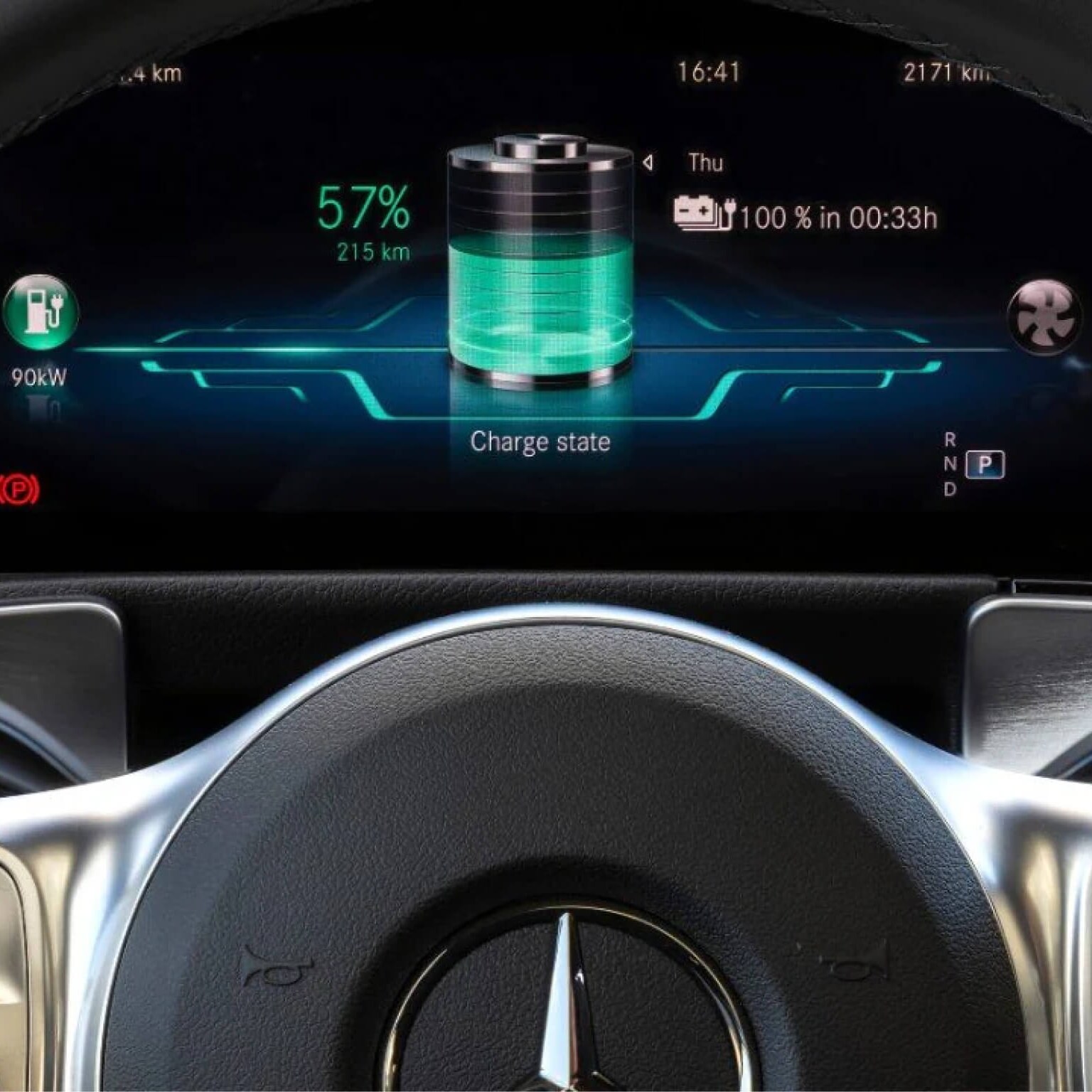 The dashboard display of an electric vehicle’s battery life. Overseas model shown.