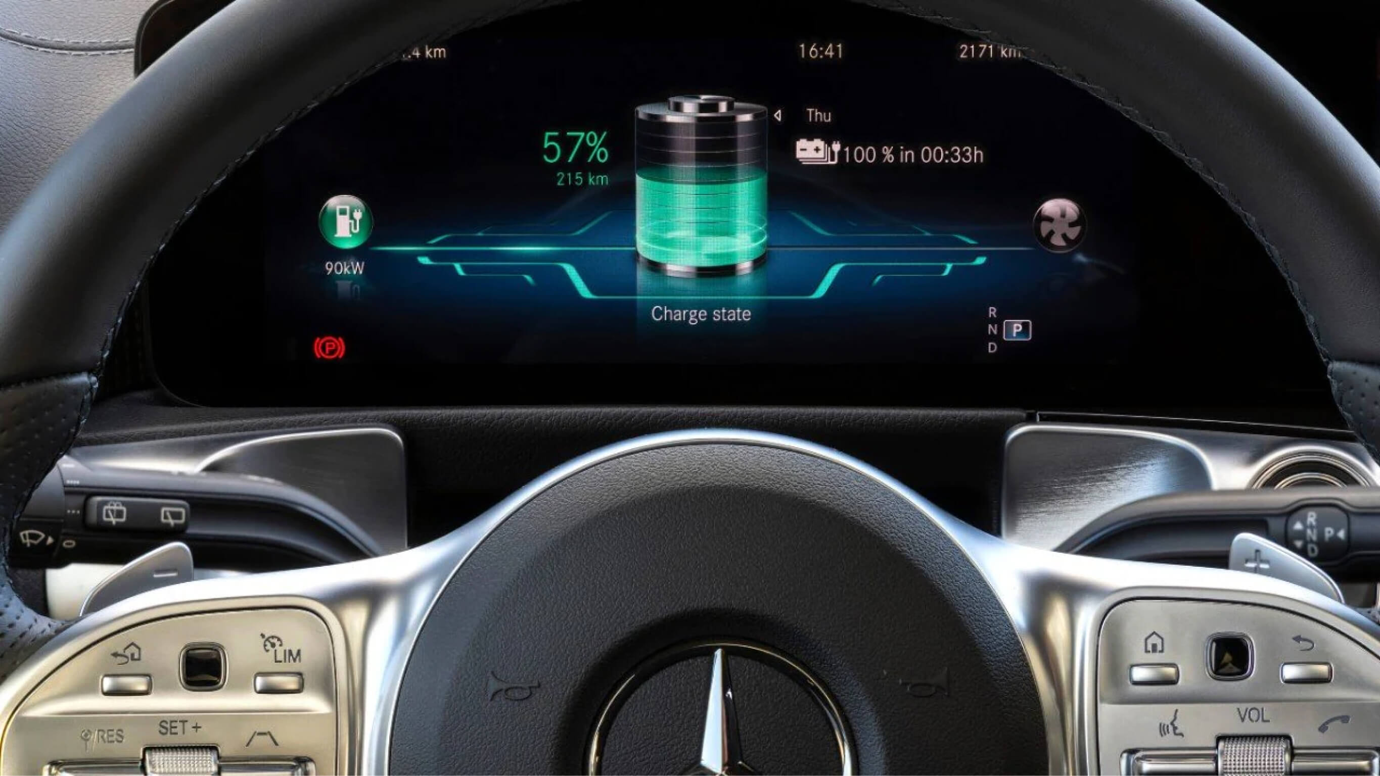 Dashboard display The dashboard display of an electric vehicle’s battery life. Overseas model shown.
