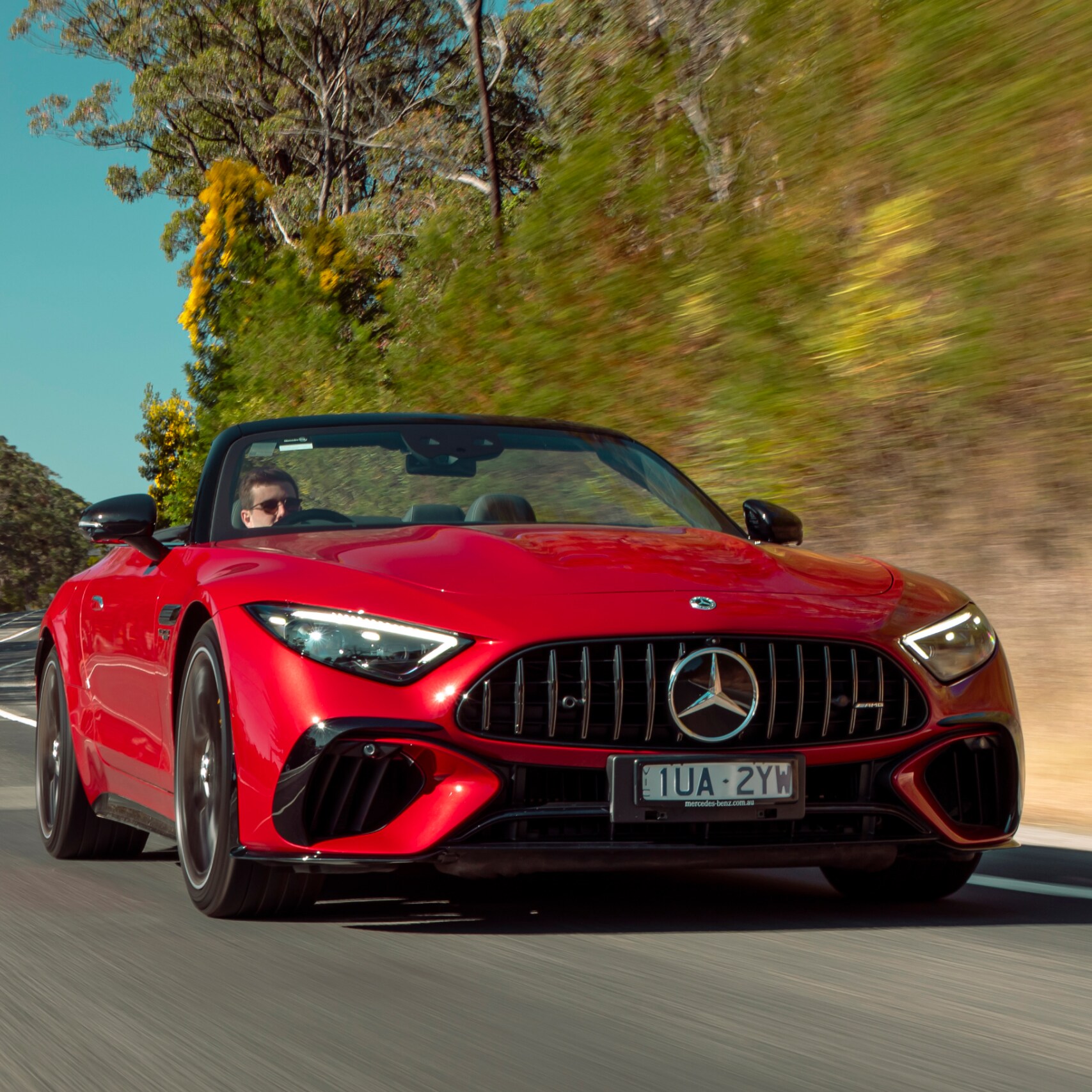 The Mercedes-AMG SL 63 4MATIC+ Roadster driving on the road. Image credit/photographer: Alastair Brook