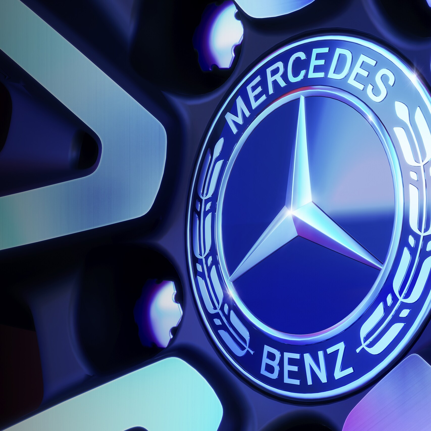 The image shows the front view of a Mercedes-Benz A-Class in a kaleidoscopic view.