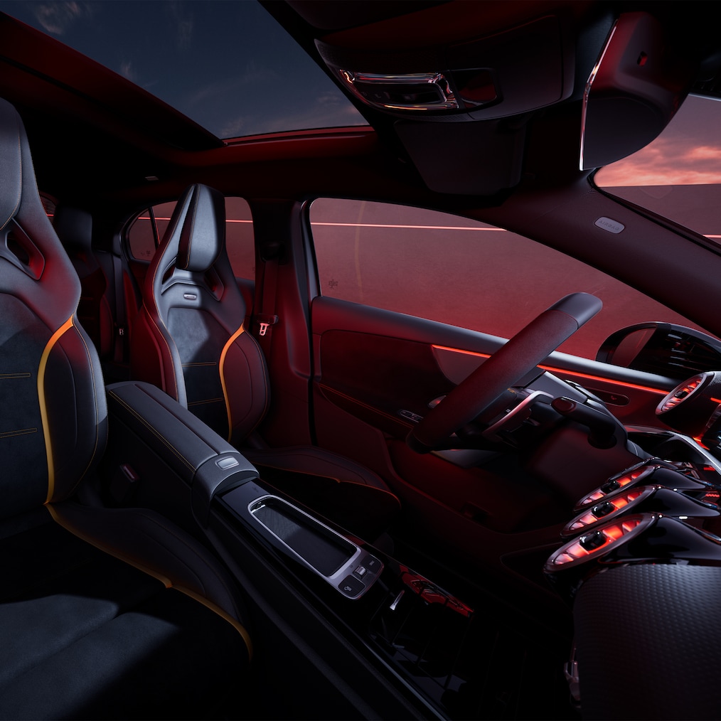 The Mercedes-AMG A-Class Interior with AMG Performance seats and AMG Performance steering wheel.