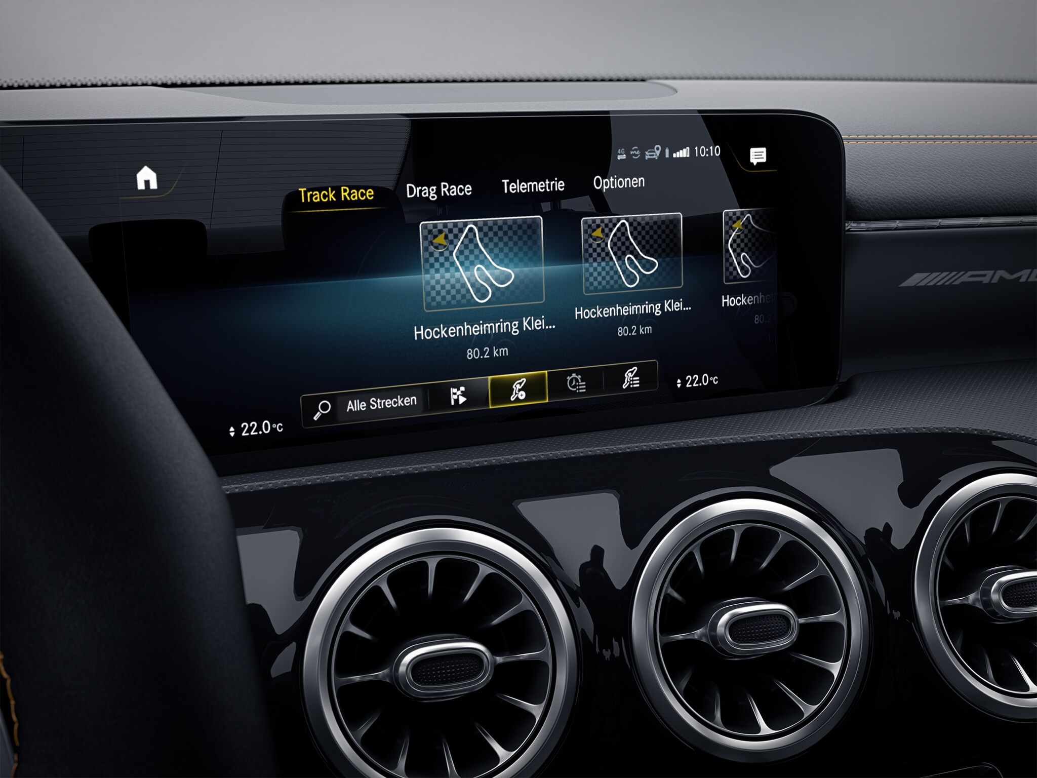 The image shows the Mercedes-AMG A 35 4MATIC Saloon with AMG TRACK PACE app.