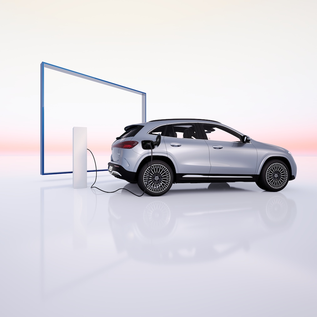 View of a Mercedes-Benz EQA standing at a charging station.