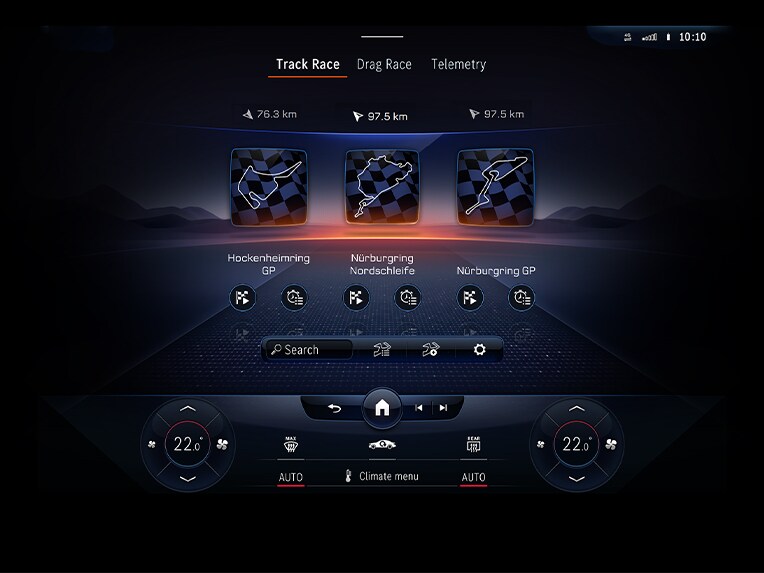 The AMG TRACK PACE display in the instrument cluster of the Mercedes-AMG EQE SUV.
