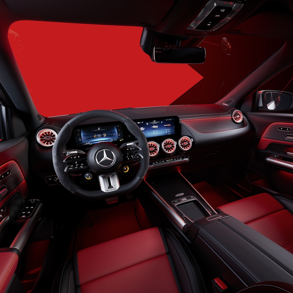 The Mercedes-AMG GLA Interior with AMG Performance seats and AMG Performance steering wheel.