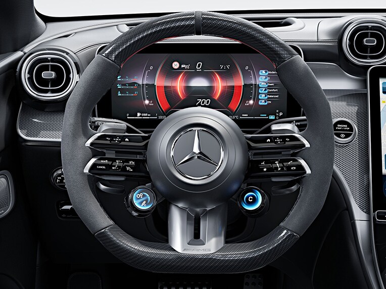 The AMG Performance steering wheel in Carbon design / MICROCUT microfibre in the new Mercedes-AMG GLC Coupé.