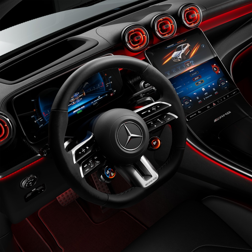 Close-up view of a AMG Performance steering wheel in a Mercedes-AMG GLC Coupé.