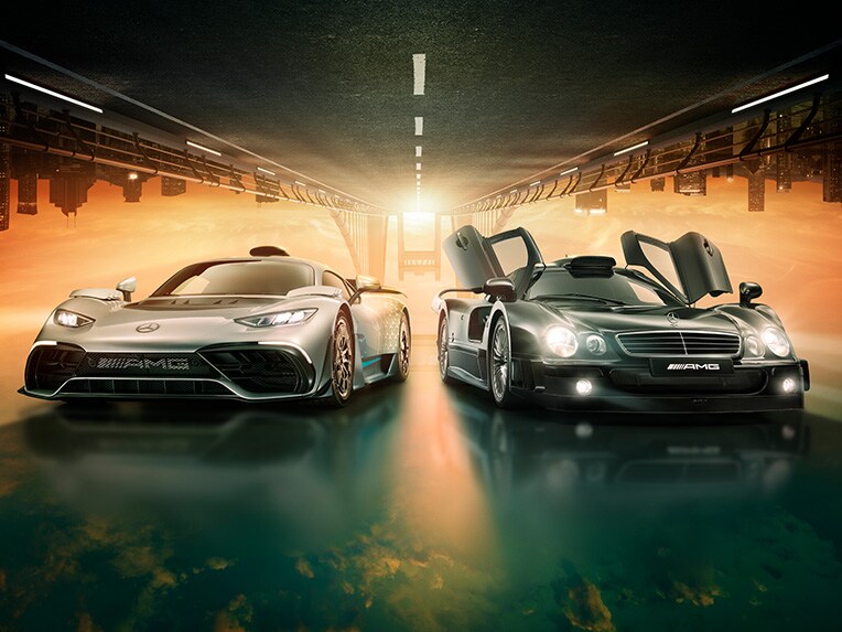 Four Mercedes-AMG vehicles side by side, representing the 55-year company history of Mercedes-AMG.