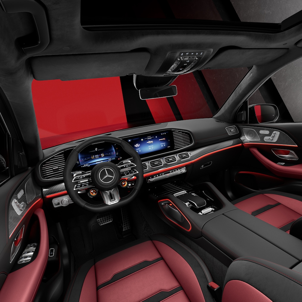 Side view of the front seats and cockpit of a Mercedes-AMG GLE SUV.