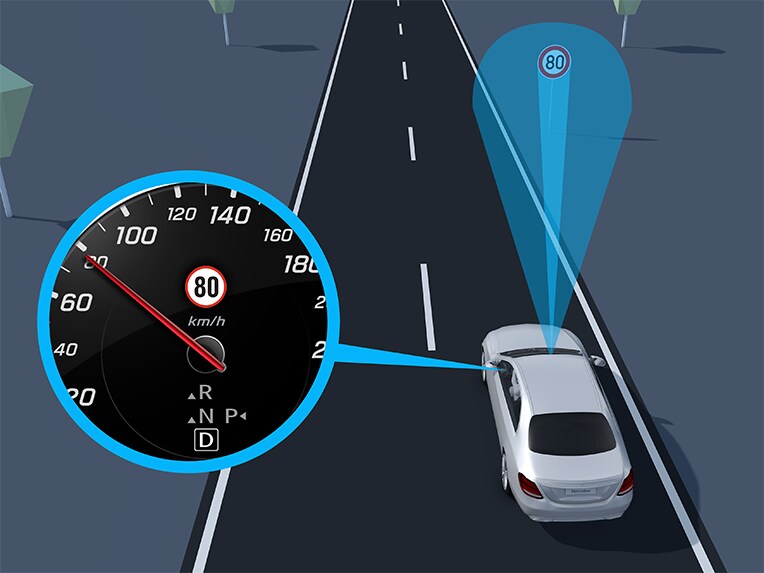 An illustration of Traffic Sign Assist in the media display of the Mercedes-Benz GLE.