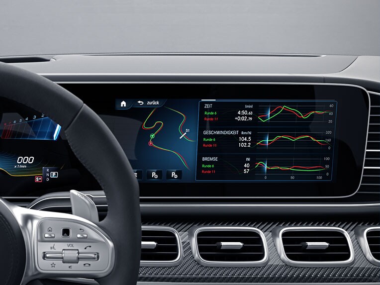 The display with AMG TRACK PACE in the GLS 63 4MATIC+ from Mercedes-AMG.