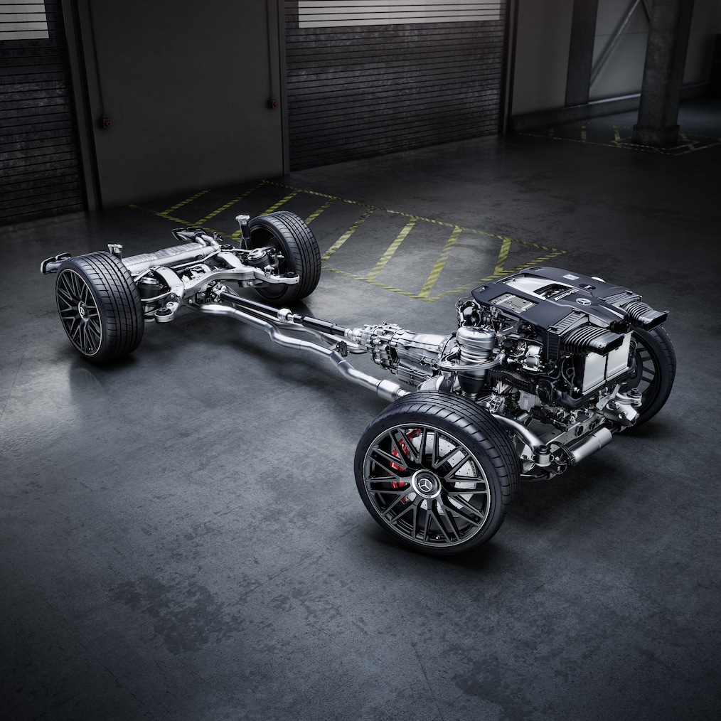Dynamic view of a Mercedes-AMG GLS 63 4MATIC+ (driving shot) or a look into the engine compartment.