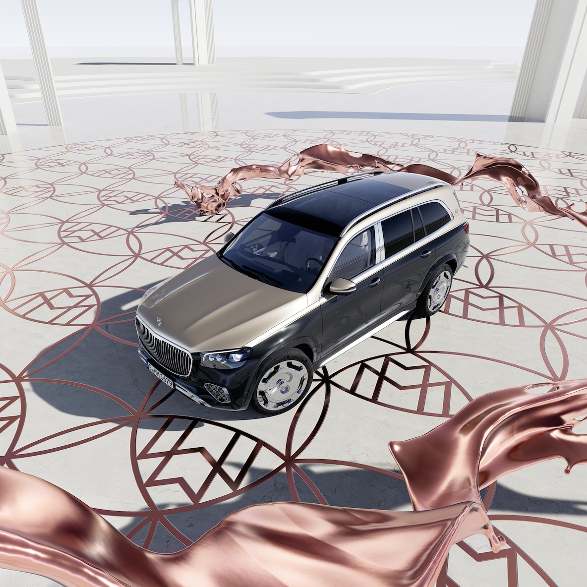 Frontal side view of the Mercedes-Maybach GLS 600 from a bird's eye view.