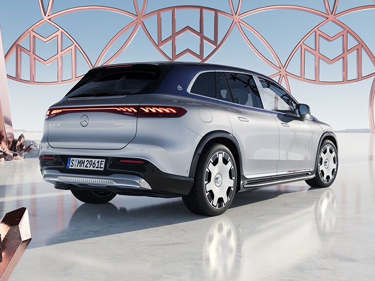 Side rear view of the new Mercedes-Maybach EQS SUV.