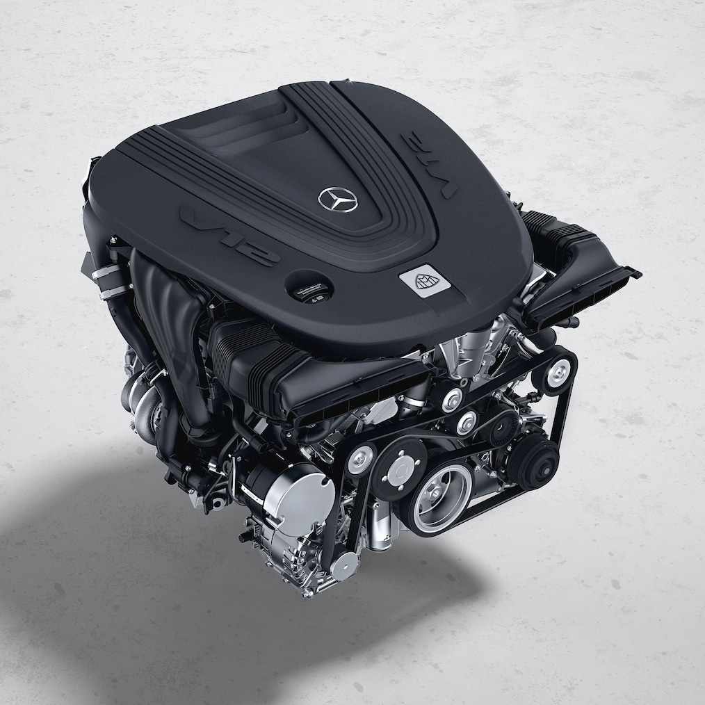 A V12 badge on the front fender of the Mercedes-Maybach S 680.