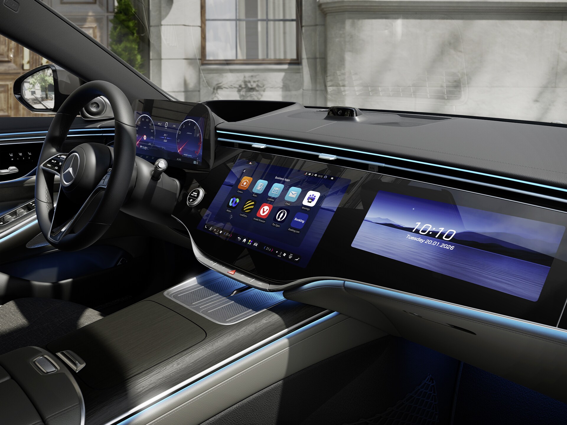 The MBUX superscreen in the cockpit of the new Mercedes-Benz S-Class Saloon showing MB.OS from Mercedes-Benz.