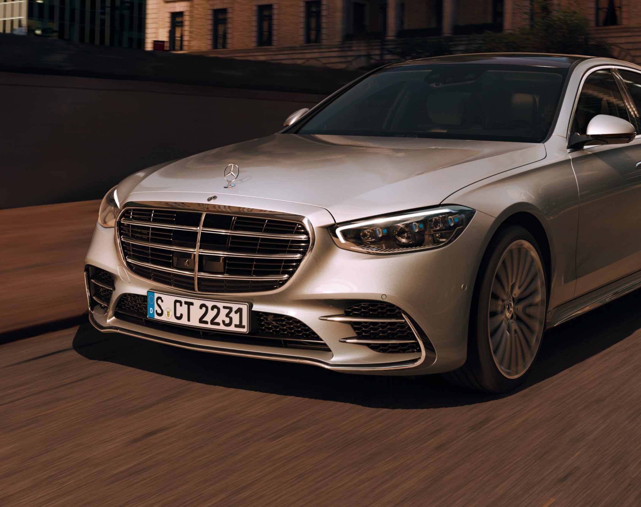 The Mercedes-Benz S-Class Sedan in a side front view.