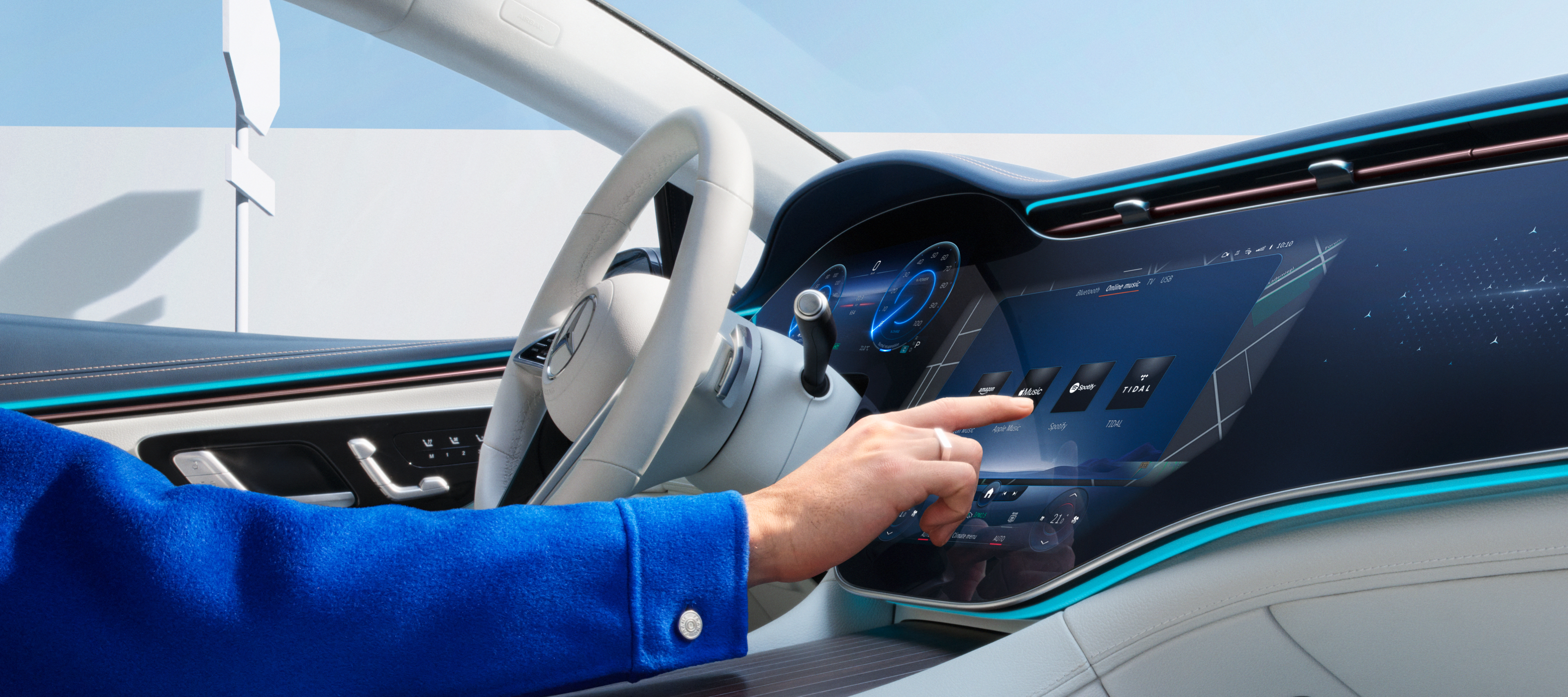 Digital Extras are selected on the screen of the MBUX multimedia system in a Mercedes-Benz. Digital Extras are selected on the screen of the MBUX multimedia system in a Mercedes-Benz.