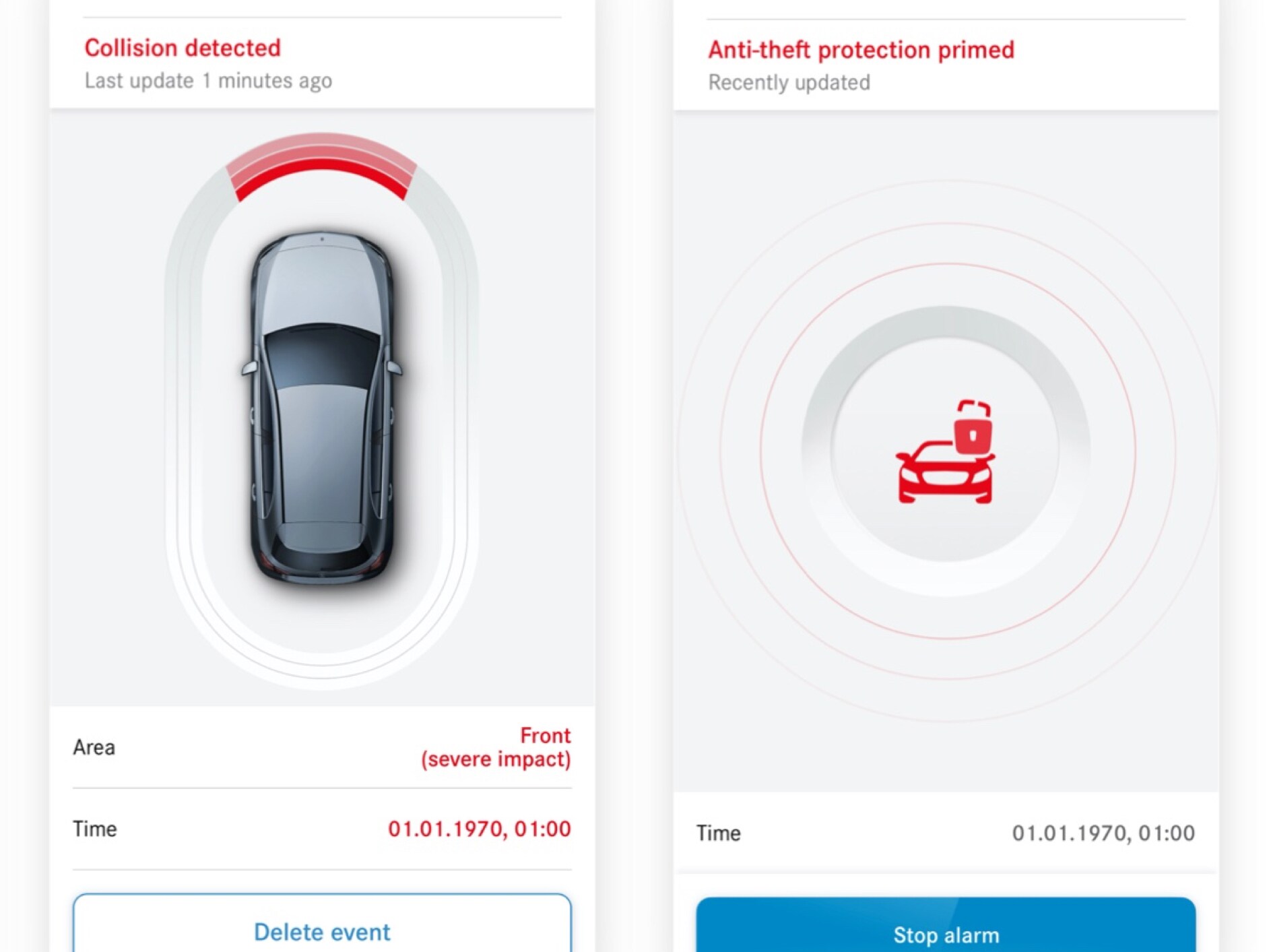 The Theft Notification and Parking Damage Detection Digital Extra on a smartphone indicates that a collision has occurred.
