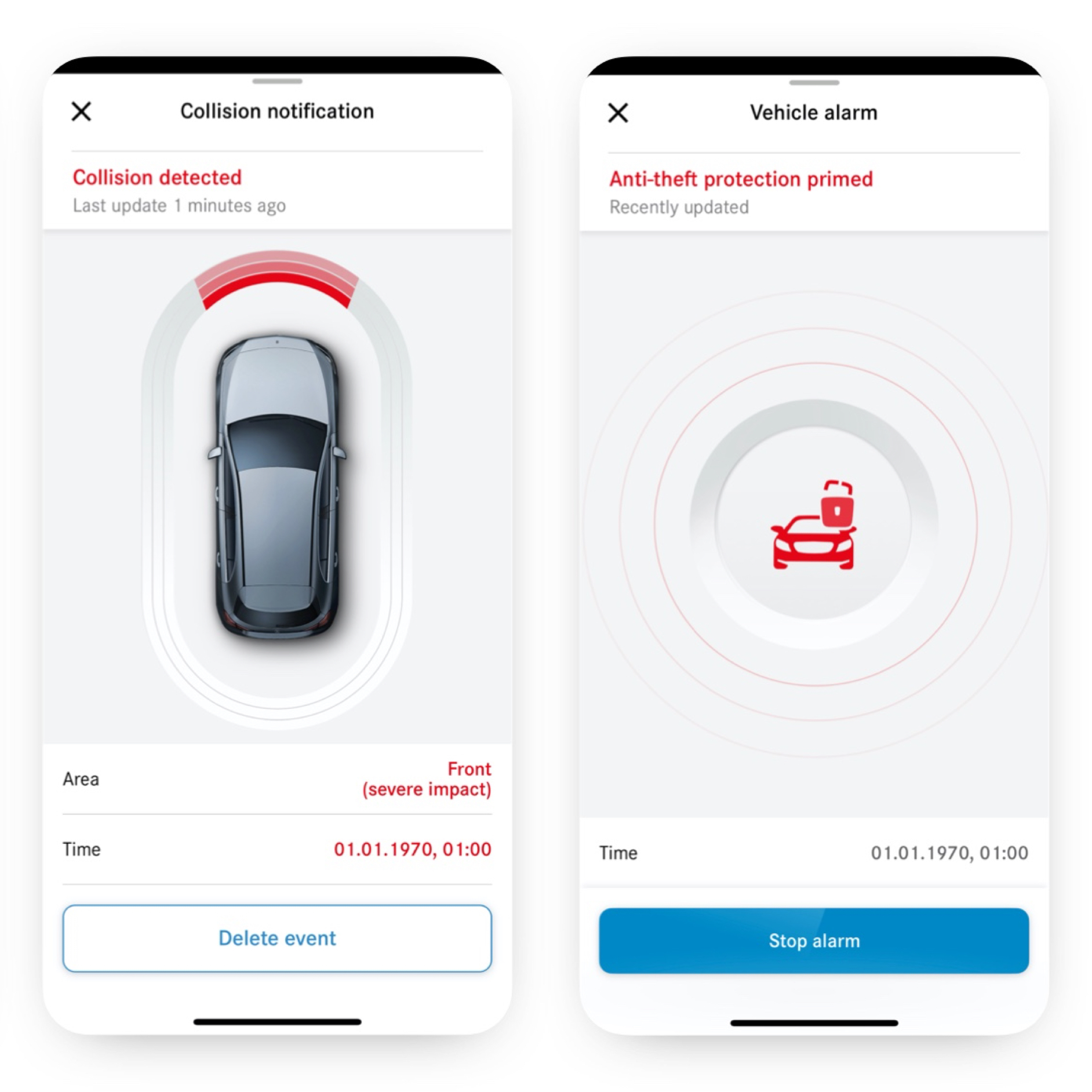 The Theft Notification and Parking Damage Detection Digital Extra on a smartphone indicates that a collision has occurred. The Theft Notification and Parking Damage Detection Digital Extra on a smartphone indicates that a collision has occurred.