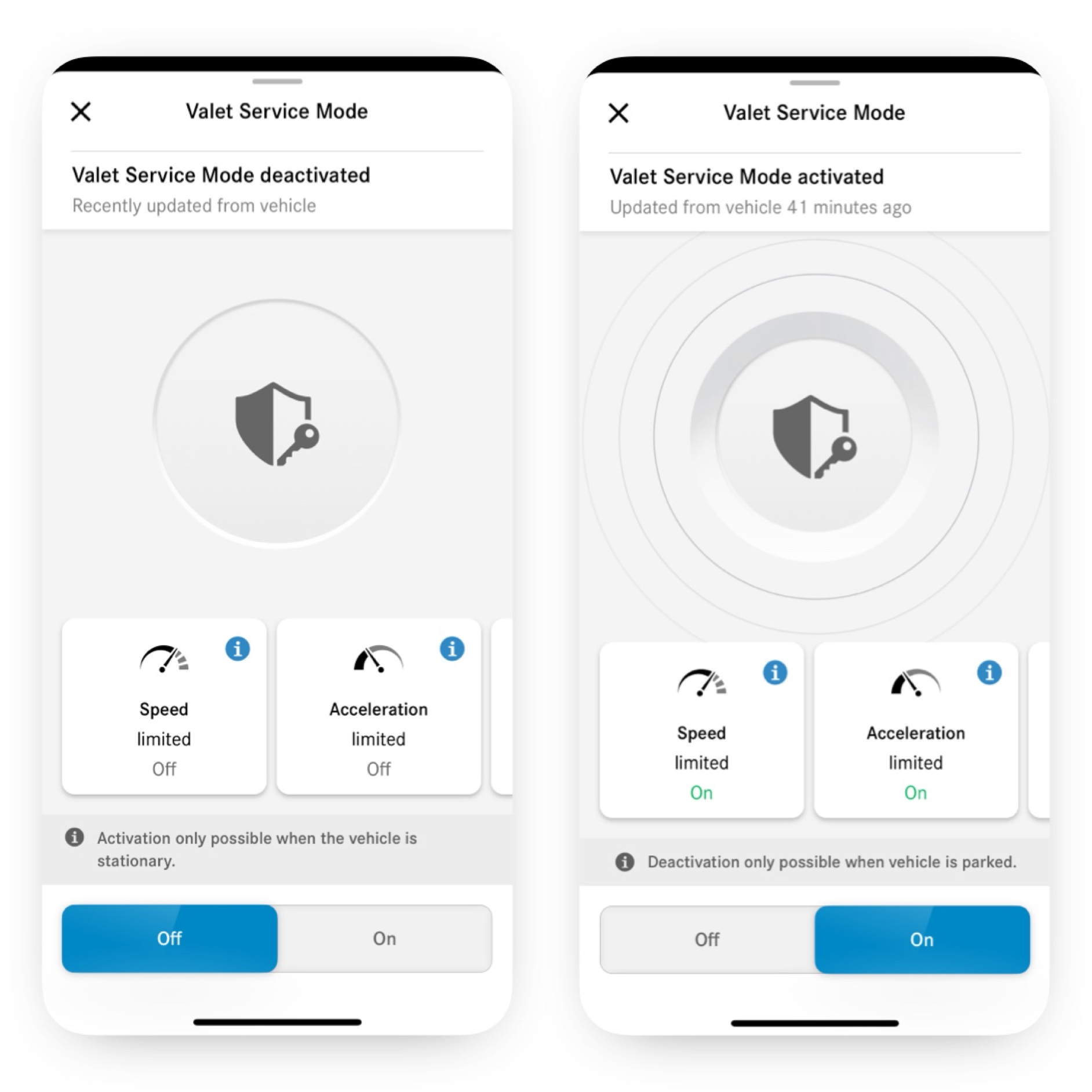 You can see the different screens that appear on a smartphone when the Remote Control, Valet Service Mode Digital Extra is activated. You can see the different screens that appear on a smartphone when the Remote Control, Valet Service Mode Digital Extra is activated.