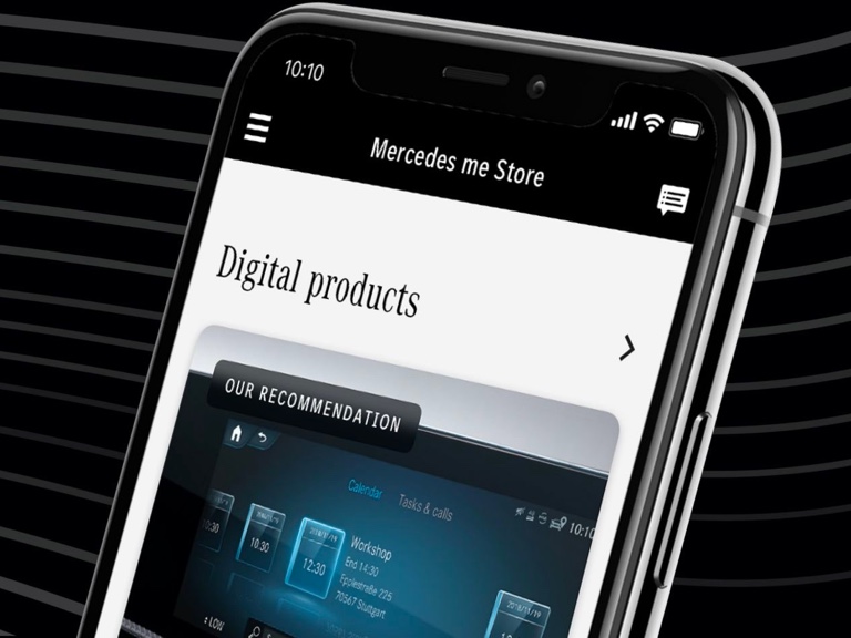 The recommended In-Car Office Digital Extra is displayed in the Mercedes me Store on a smartphone. The recommended In-Car Office Digital Extra is displayed in the Mercedes me Store on a smartphone.