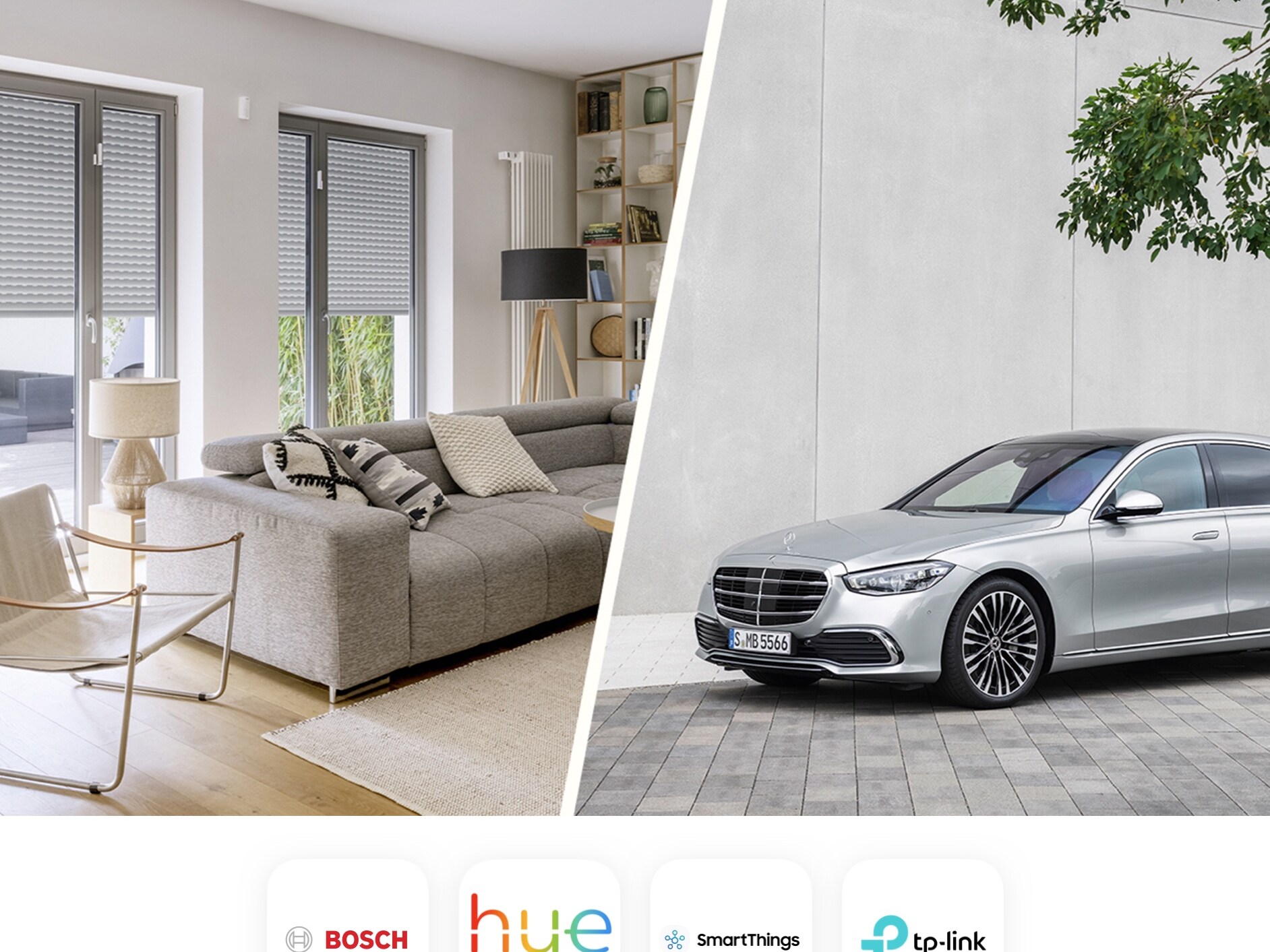 The picture shows a collage of a furnished home and a Mercedes vehicle. Also shown are the various smart home providers that cooperate with Mercedes-Benz.