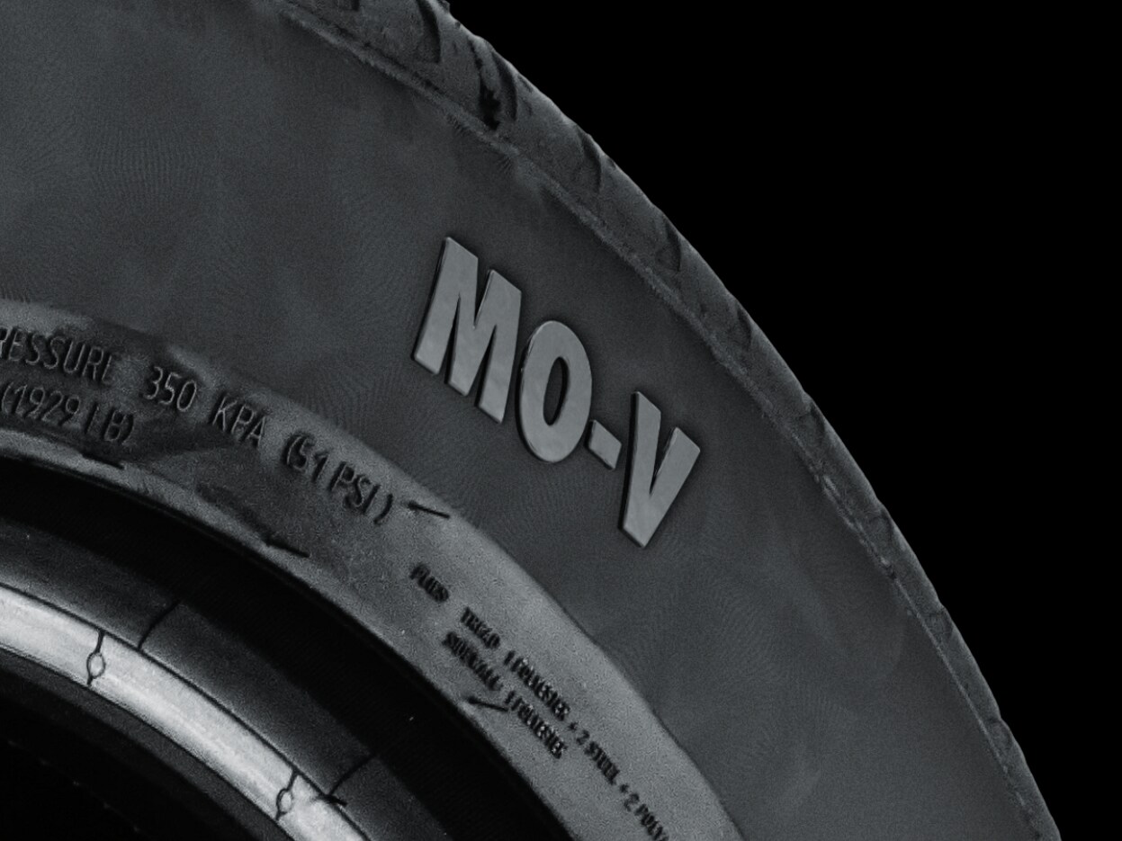 Detailed close-up of a Mercedes M-OV tyre.