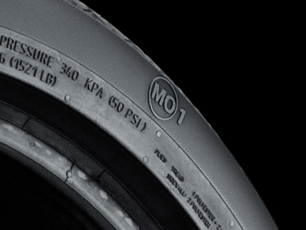 Detailed close-up of a Mercedes MO1 tyre.