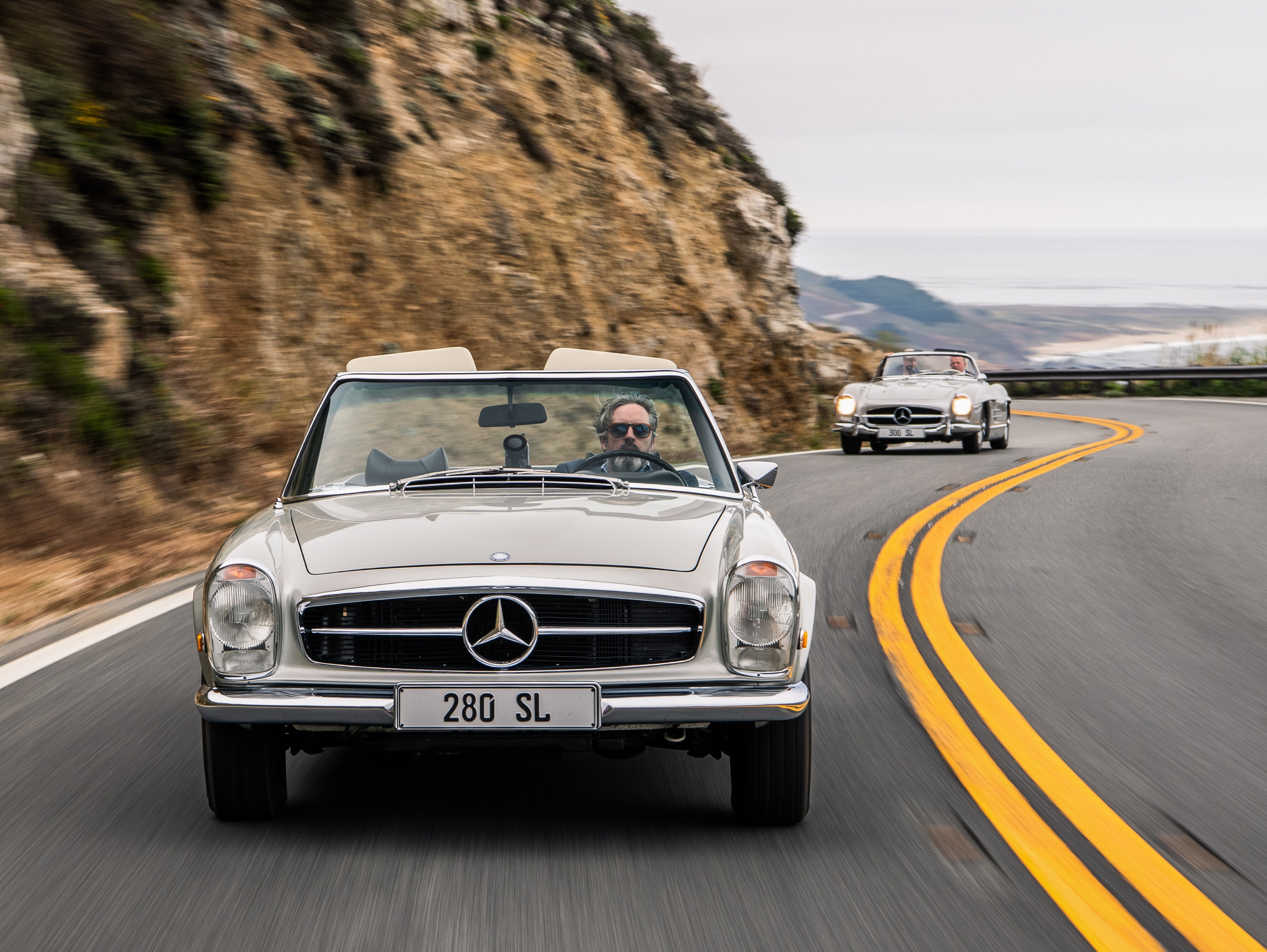 The Mercedes-Benz 230 SL Pagoda on the Pacific Coast Highway, California.