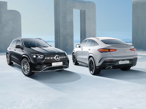 Front view of a black GLE and a back view of a grey GLE Coupe