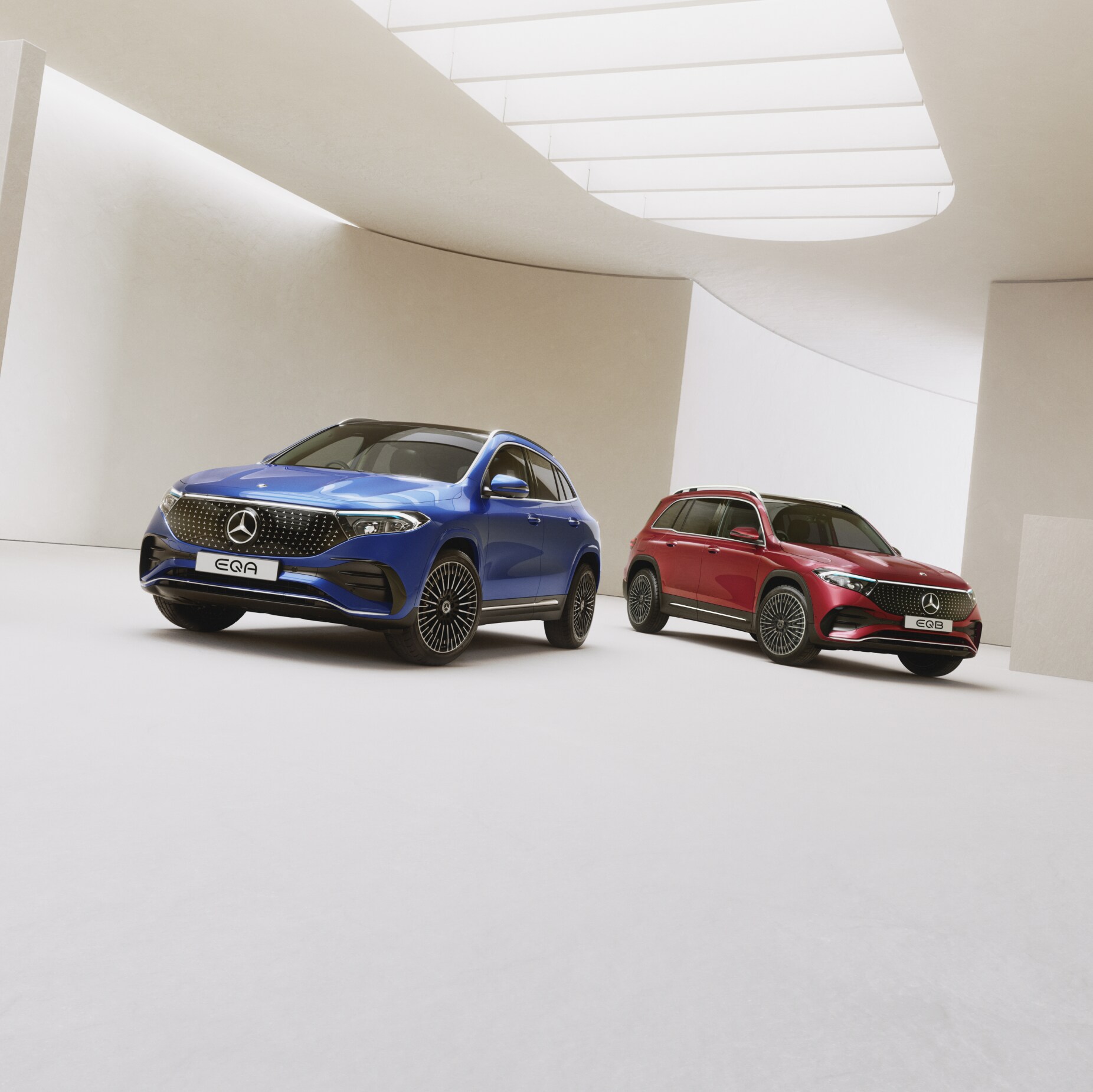 Front view of fully electric vehicles by Mercedes-EQ.